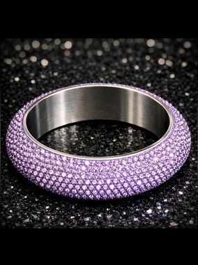 NEW Pave Set lavender purple Crystal Cz Bangle Bracelet Silver Stainless Steel